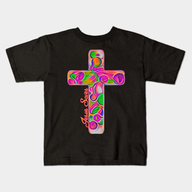 Jesus Saves Colorful Cross Kids T-Shirt by AlondraHanley